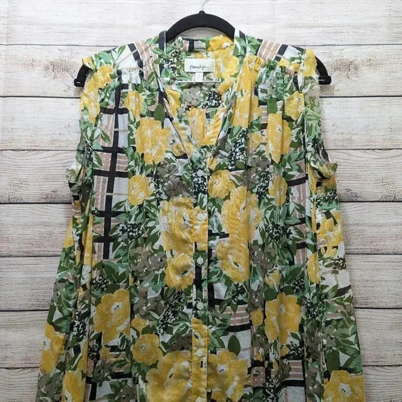 Porridge Size Small Tunic Dress Green Yellow Floral Button Front Split Neck - Picture 3 of 11